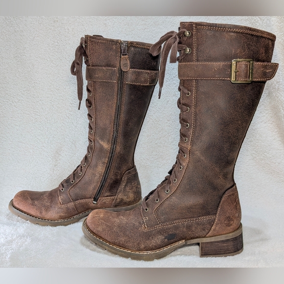 Timberland Women's 7.5 Tobacco Brown Lace-Up Full Zip Leather Mid Calf Boots - Picture 4 of 16